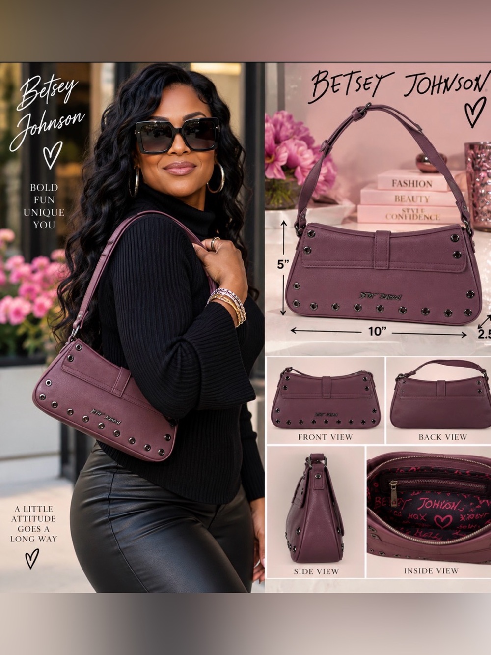 Betsey Johnson Plum Studded Shoulder Bag